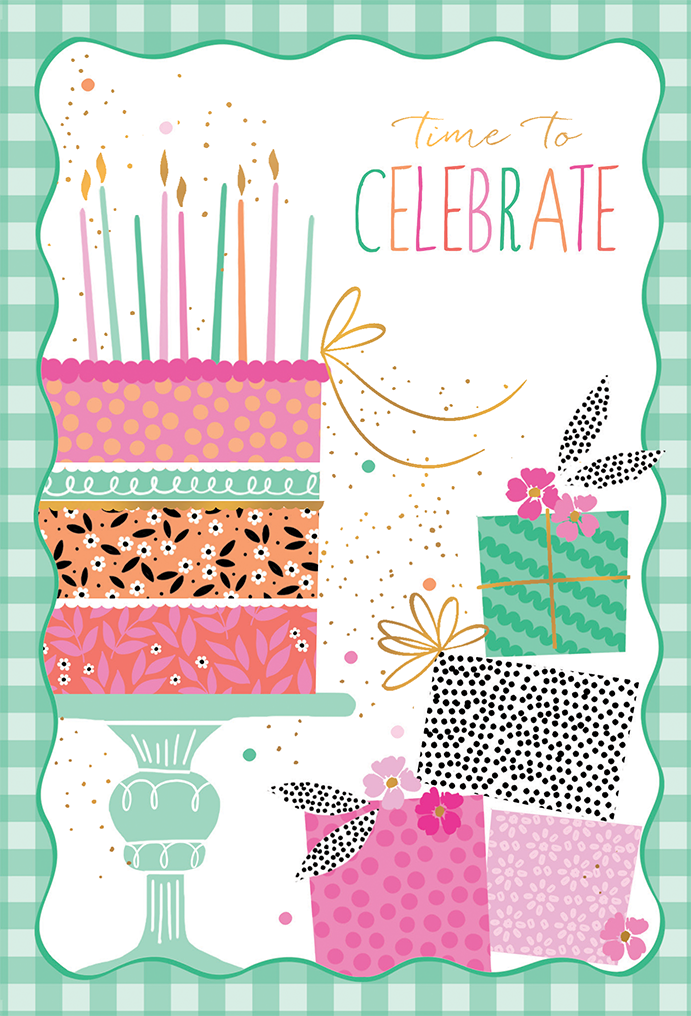 Cake On Stand & Presents Birthday Card Sara Miller