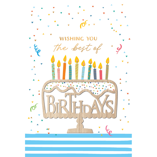 Wood birthday cake element on Pictura birthday card, featuring colorful cake design for special occasion greeting card.