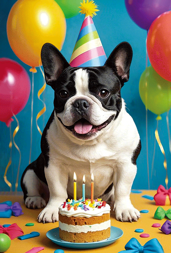 Pictura Frenchie Cake Birthday Card with lenticular design featuring a playful French Bulldog and birthday cake illustration.