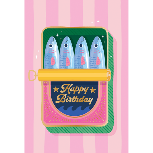 Pictura sardine tin birthday card featuring a playful design, ideal for sending cheerful wishes to friends.