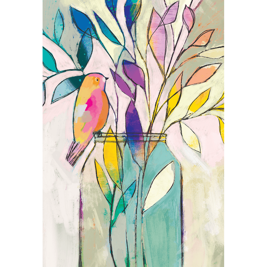 Pictura stained glass bird "Thinking of You" card featuring colorful bird design on an elegant greeting card for everyday use.