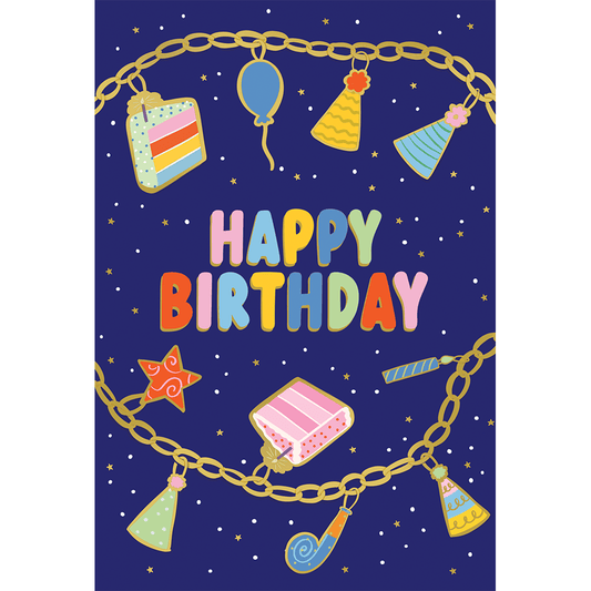 Festive Charms birthday card from Cardmore featuring colorful birthday-themed illustrations on a cheerful everyday card.