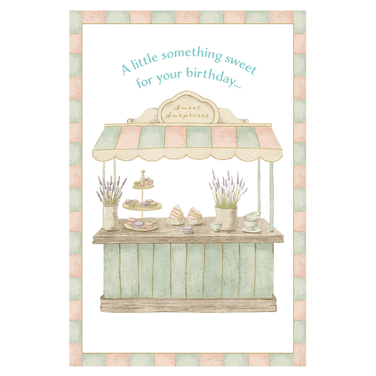 Colorful dessert stand birthday card from Cardmore featuring vibrant illustrations, perfect for celebrating special occasions.