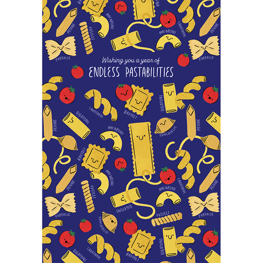 Endless Pastabilities birthday card by Cardmore featuring colorful pasta illustrations and playful typography.