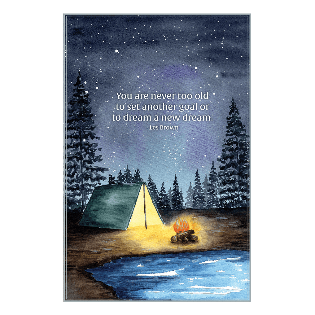 Adventure Awaits camping birthday card by Cardmore featuring outdoor camping scene and nature-inspired design.