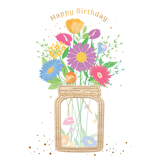 Floral jar birthday card with wood element from Cardmore, featuring colorful flower illustrations and a rustic design.