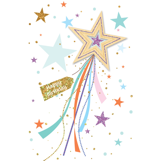 Wooden star wand birthday card from Cardmore featuring a whimsical star design, perfect for celebrating special occasions.
