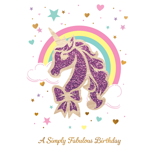 Unicorn birthday card with wooden element from Cardmore, featuring colorful unicorn illustration on an everyday greeting card.