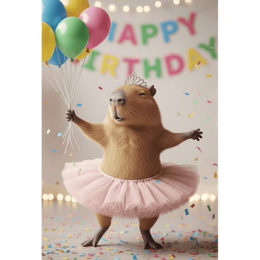 Lenticular Ballerina Capybara birthday card from Cardmore featuring an adorable capybara in ballet pose for everyday occasions.
