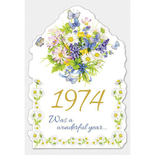 Pictura Year of Birth 1974 card featuring a vintage-style design with the year 1974 prominently displayed.