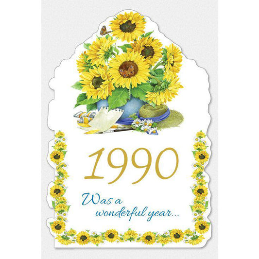 Pictura 1990 Year of Birth card featuring a colorful design and the number 1990, ideal for milestone celebrations or birthday decor.