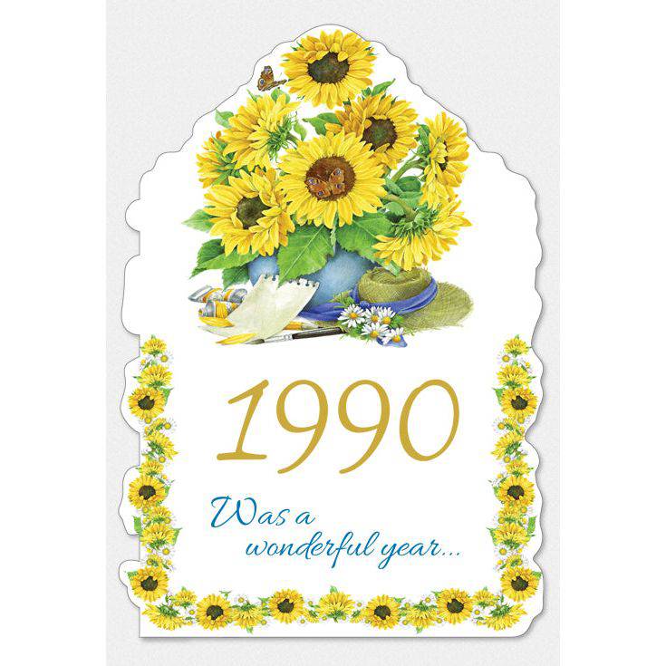 Pictura 1990 Year of Birth card featuring a colorful design and the number 1990, ideal for milestone celebrations or birthday decor.
