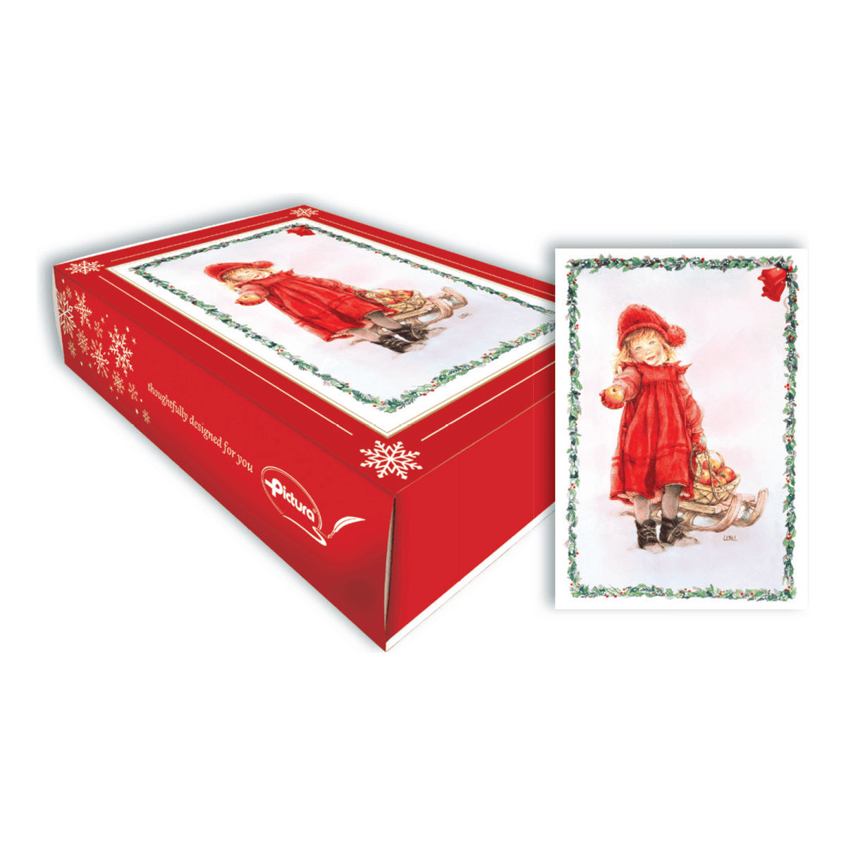 Pictura Apple Girl Christmas boxed notes featuring festive holiday illustrations and space for personalized messages.