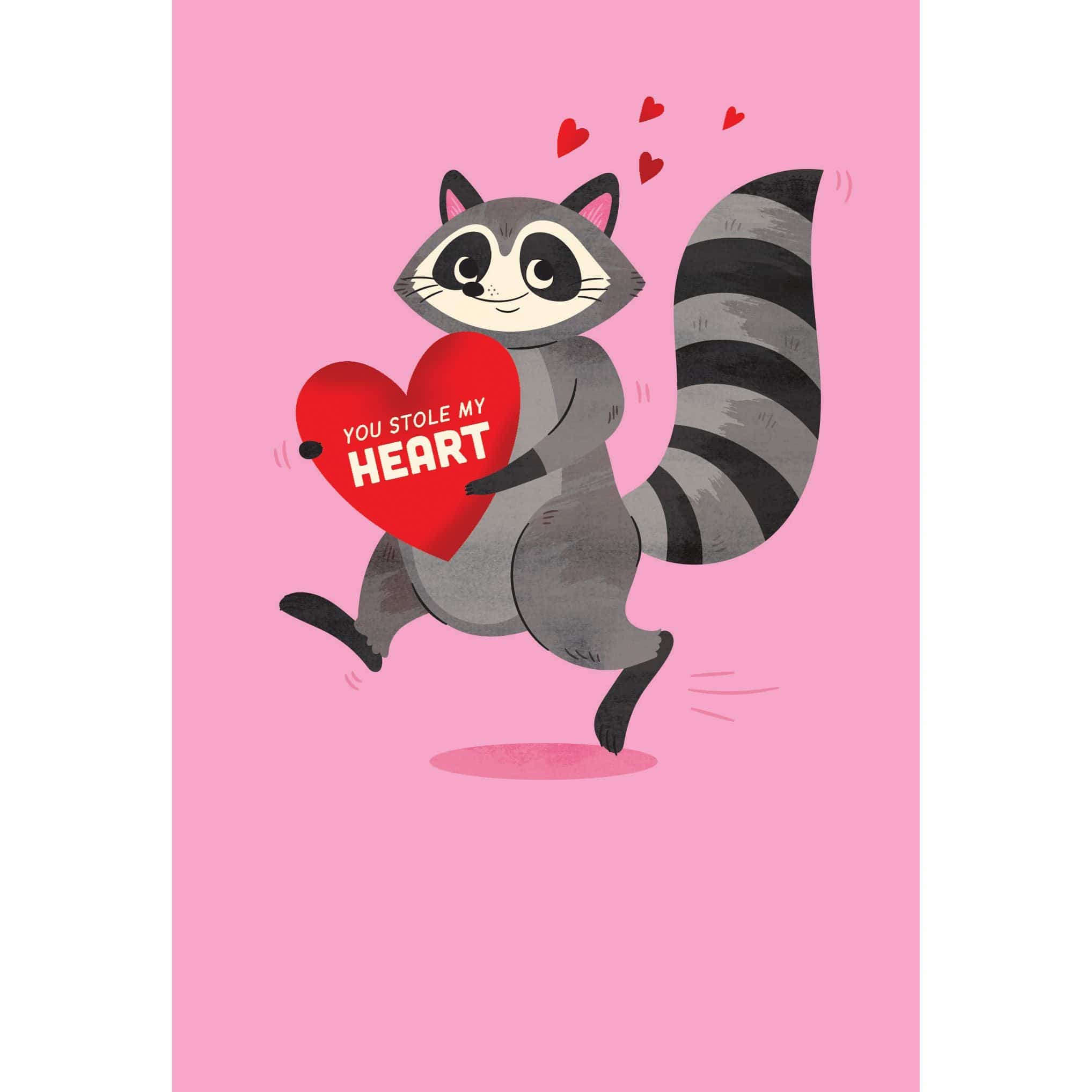 Raccoon Stole Heart Valentine's Day card by Pictura featuring a cute raccoon with a heart for Valentine's celebration.