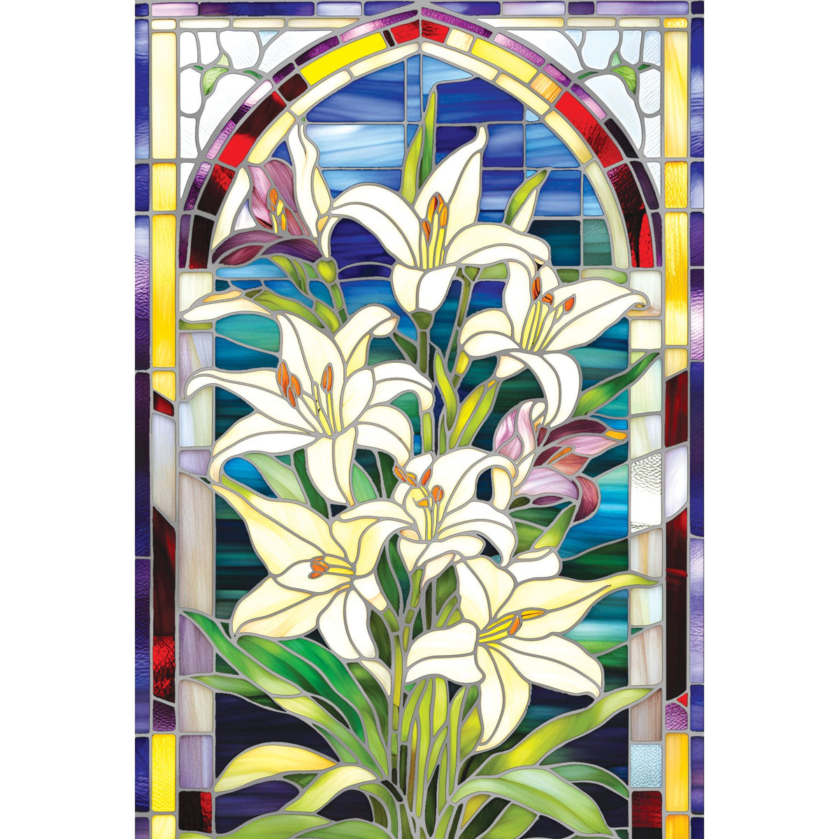 Pictura Stained Glass Lilies Easter Card with religious design and colorful lily window artwork