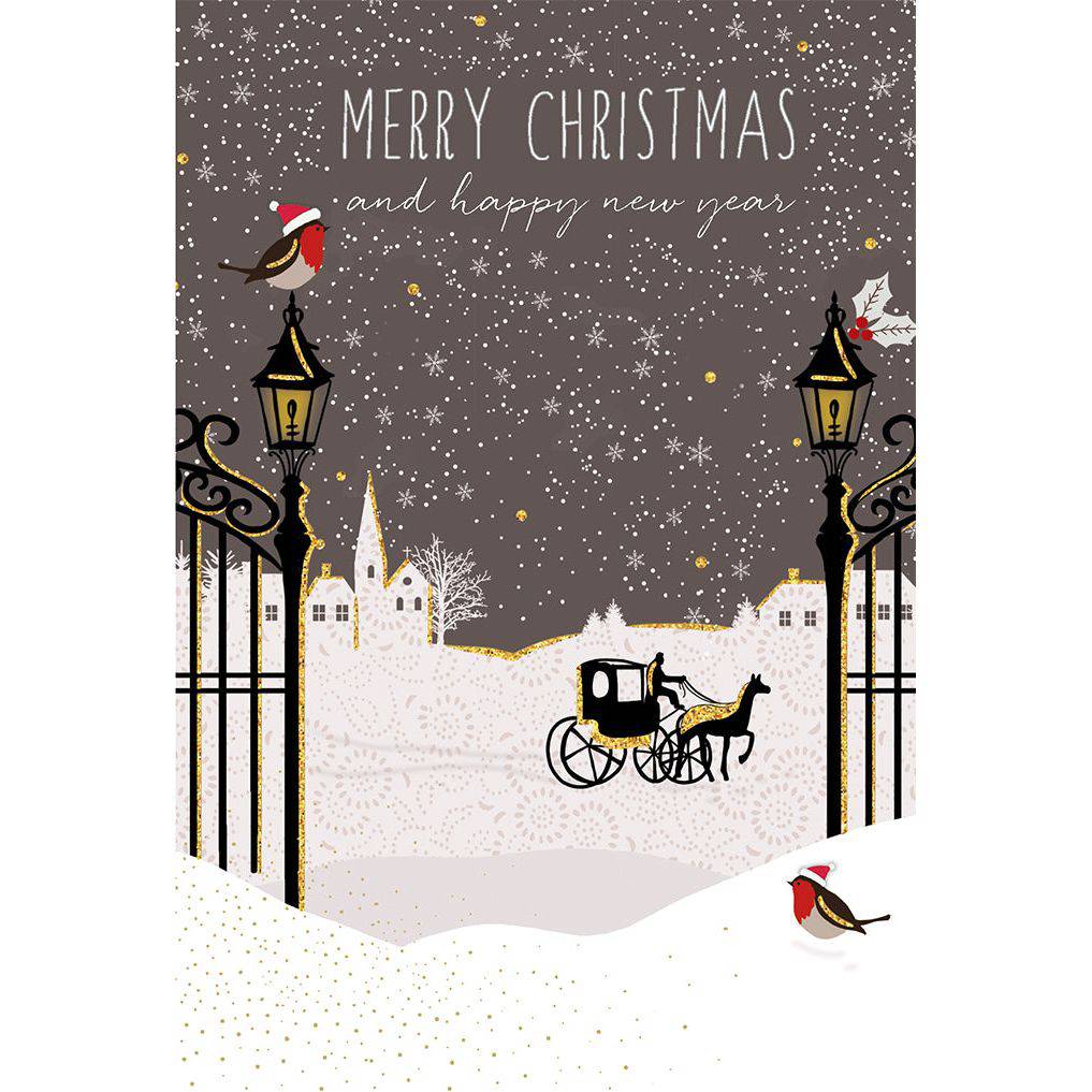 Pictura Christmas card featuring a horse-drawn carriage with festive holiday decorations and winter scene artwork.