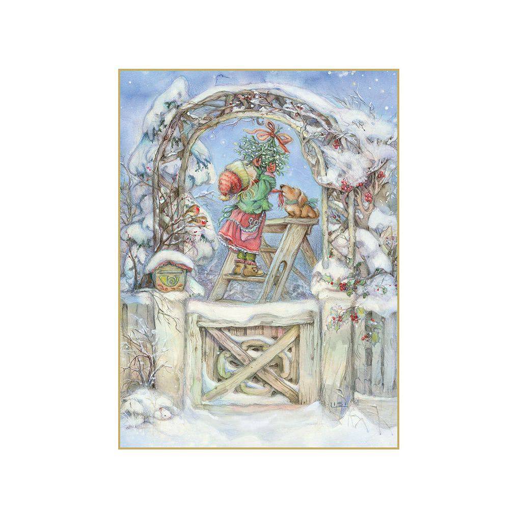 Girl on ladder Christmas card by Pictura featuring a festive illustration of a girl on a ladder for holiday greetings.