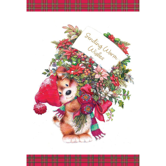 Pictura seasonal Christmas card featuring a dog holding a bouquet of flowers, festive holiday design with cheerful imagery.