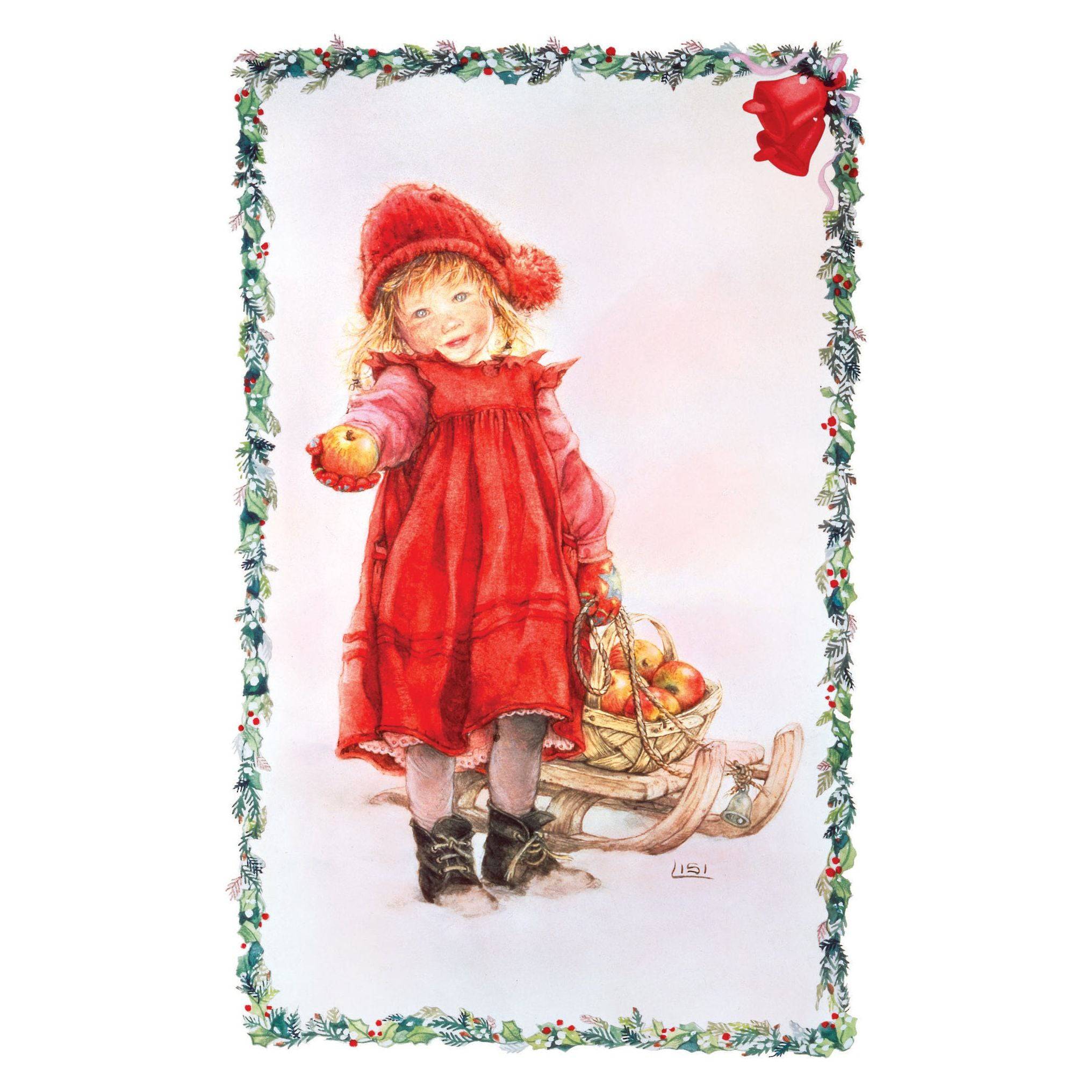 Apple Girl Christmas Card by Pictura featuring a seasonal illustration of a girl holding an apple for the holiday season