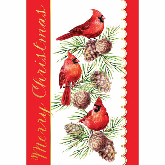 Three Cardinals Christmas card by Pictura featuring a festive seasonal design with three bright red cardinals on a winter branch.