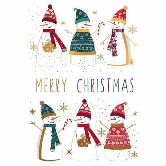 Festive Christmas card featuring snowmen in colorful hats, designed by Pictura for seasonal holiday greetings.