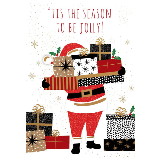 Santa with gifts on a Christmas card, Pictura seasonal holiday greeting featuring festive holiday imagery.