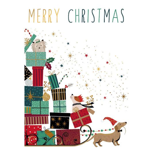 Festive Christmas dog sled greeting card by Sara Miller for Pictura, featuring seasonal holiday design and vibrant colors.