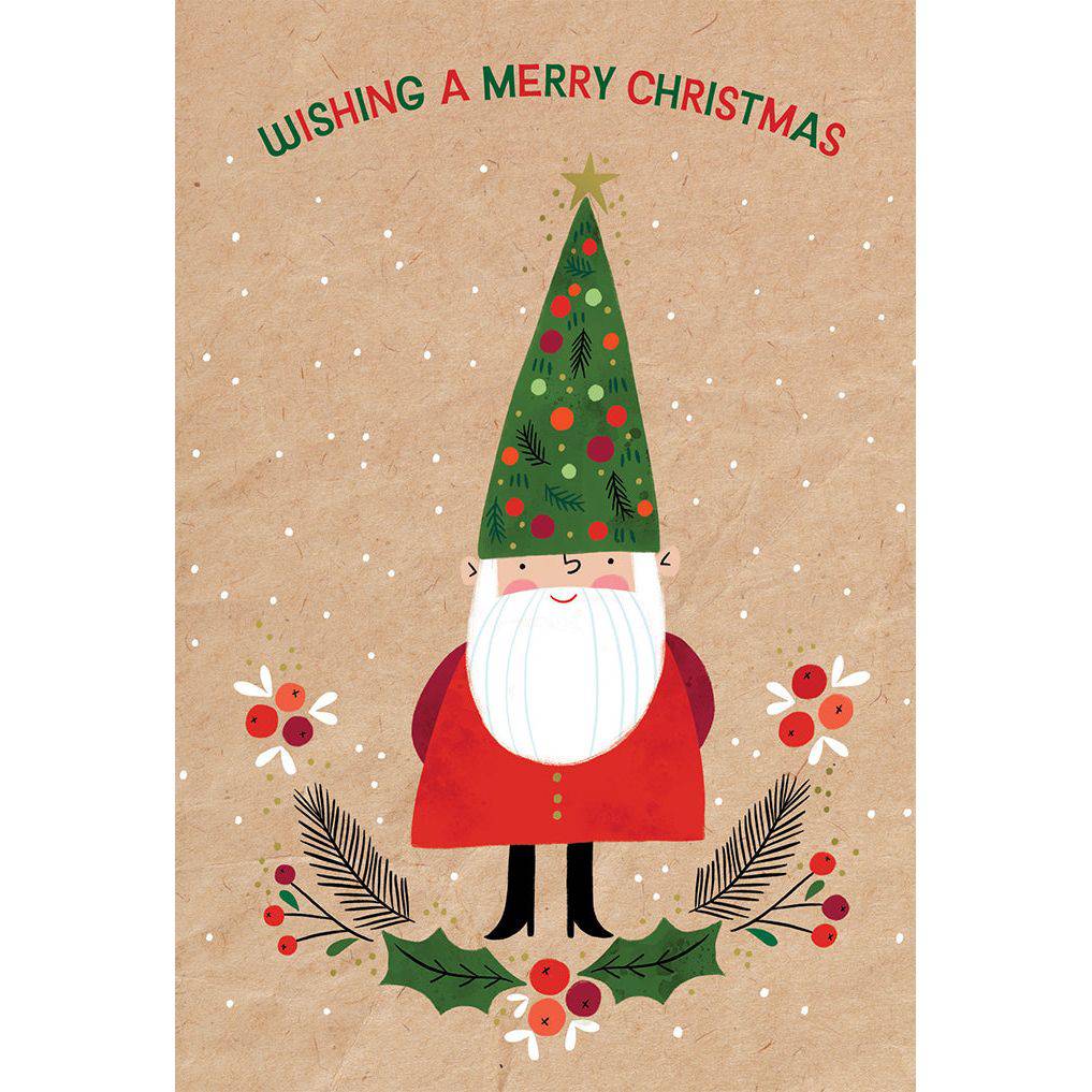 Pictura Santa Gnome Christmas Card featuring a festive gnome in holiday attire on a cheerful Christmas background.