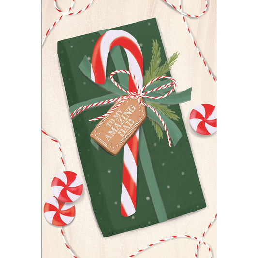Seasonal Pictura Candy Cane Gift Christmas Card featuring a festive design with a Christmas theme and a "Father" message.