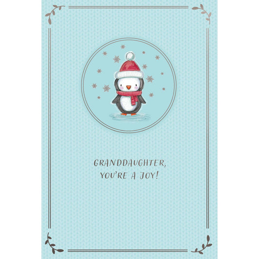 Cute tiny penguin Christmas card for granddaughter by Pictura featuring festive seasonal holiday design