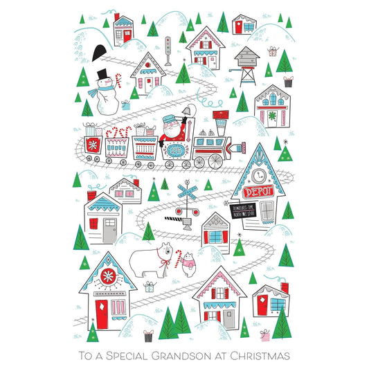 Pictura Santa Train Christmas Card featuring festive holiday design for grandson, with colorful Santa and train illustration.