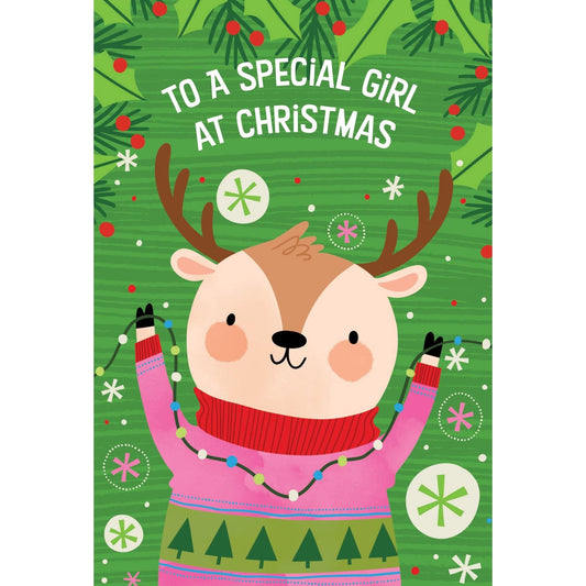 Pictura Tiny Reindeer Christmas Card featuring a festive girl illustration for seasonal holiday greetings.
