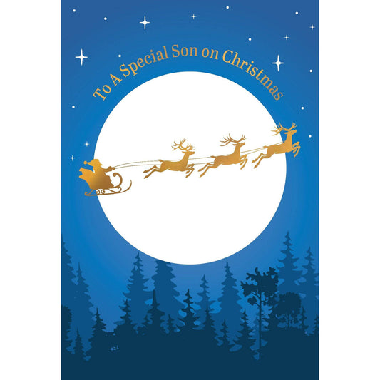 Pictura Santa Sleigh Ride Christmas card for son, featuring festive holiday scene with Santa in a sleigh, seasonal design.