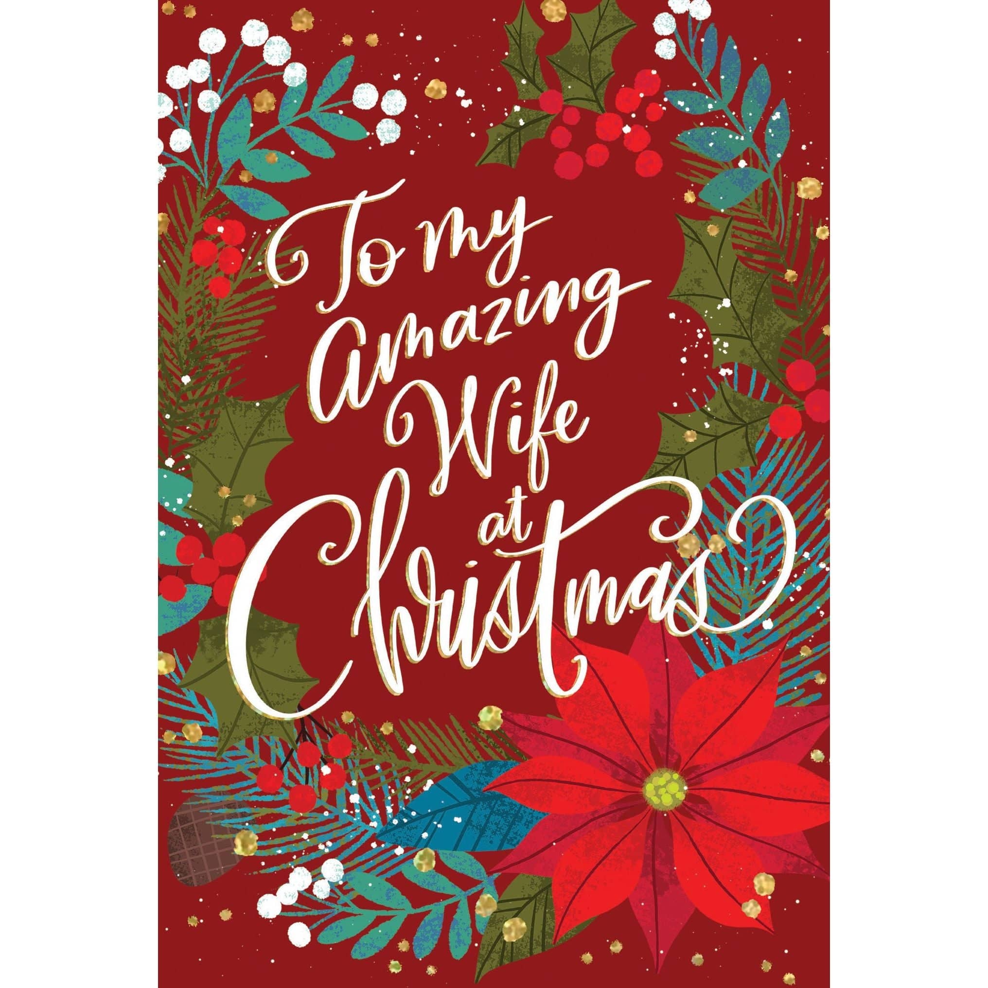 Seasonal Christmas card featuring poinsettia design for wife by Pictura, with festive holiday imagery and elegant lettering.
