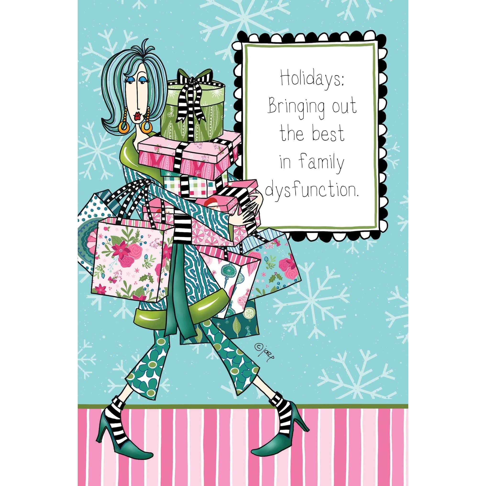 Family Dysfunction Christmas Card featuring a humorous illustration of a sister, seasonal greeting from Pictura.