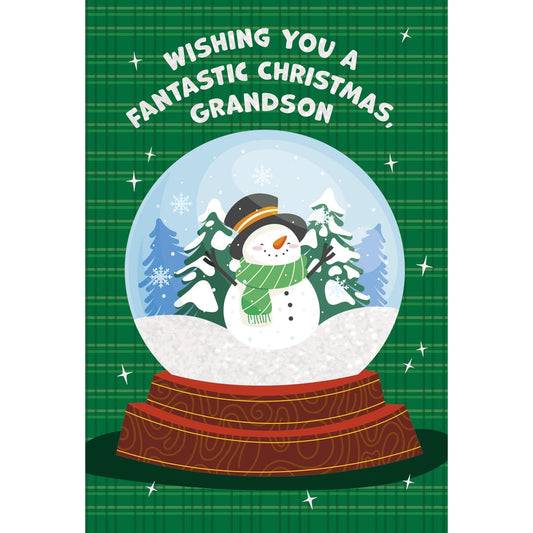 Pictura seasonal Christmas card featuring a snowman in a globe design, perfect for sending holiday wishes to your grandson