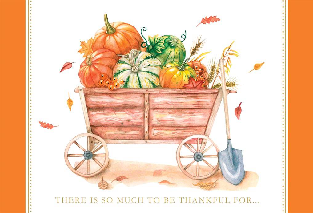 Thanksgiving card featuring a pumpkin wheelbarrow design by Pictura, with autumn leaves and festive fall imagery.