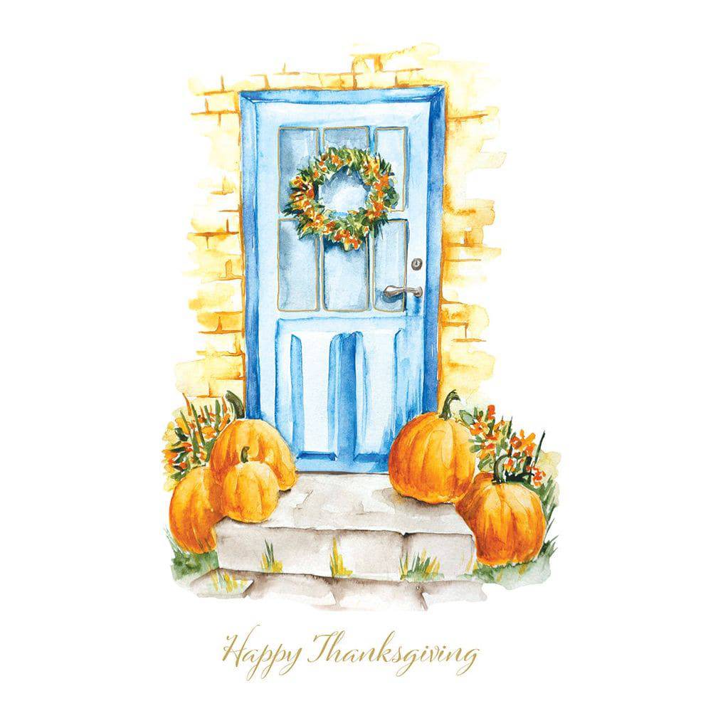 Thanksgiving card featuring pumpkins and a door design by Pictura, with autumnal colors and festive fall imagery.