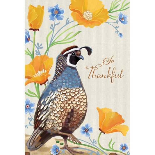 Thanksgiving card featuring a quail design from Pictura, with autumn leaves and festive fall imagery for holiday greeting.