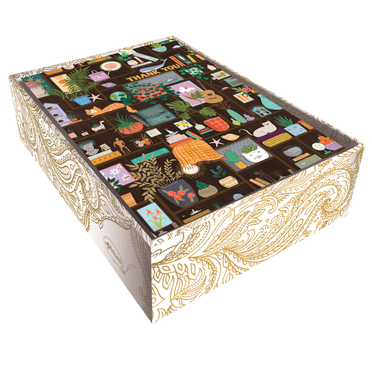 Boxed Pictura thank you cards with shelves design, featuring elegant printed notes inside for special occasions.