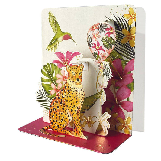 Leopard-themed small pop-up card by Pictura featuring a detailed leopard design and intricate 3D paper craft elements.