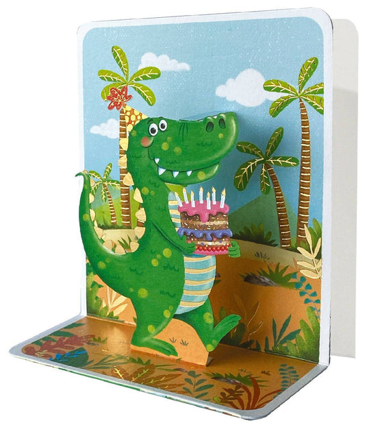 Colorful Dinosaur Small Pop-up Card from Pictura featuring a detailed 3D dinosaur design on a greeting card.