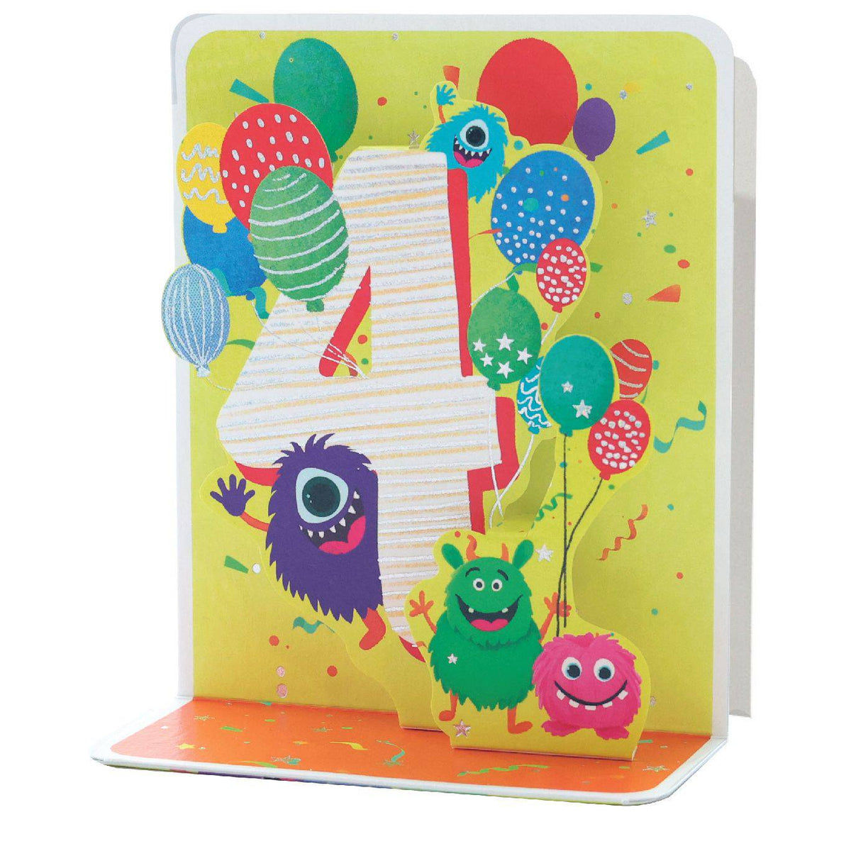 Colorful Age 4 Small Pop Up Card from Pictura featuring a cheerful birthday design and vibrant paper craft details.