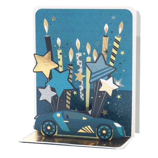 Pictura Racecar Small Pop Up Card featuring a colorful, detailed racecar design with intricate paper pop-up elements.