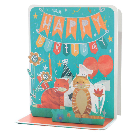 Colorful birthday cats pop-up card by Pictura featuring playful feline illustrations and intricate paper folding.