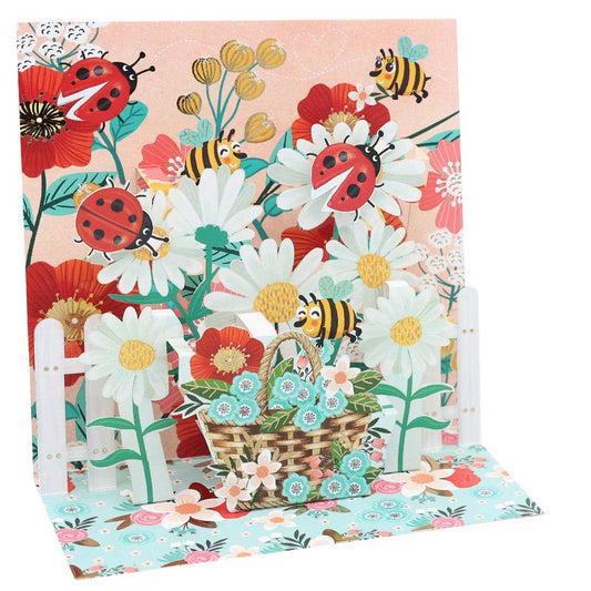 Colorful Pictura bees and ladybugs large pop-up card featuring detailed, vibrant insect illustrations and three-dimensional floral elements.