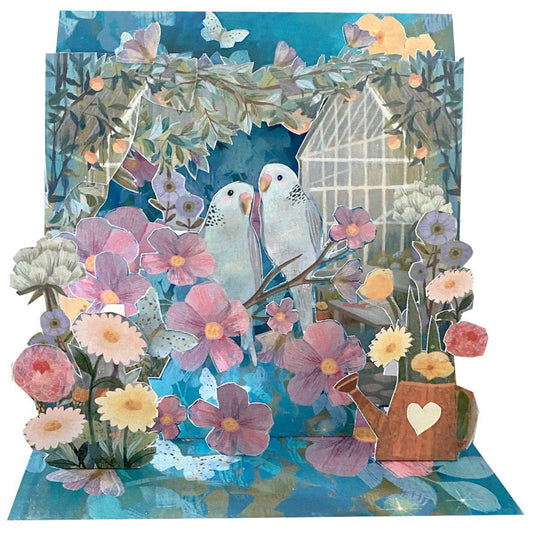 Love Birds large pop-up card by Pictura featuring detailed paper birds and floral designs on a white background.