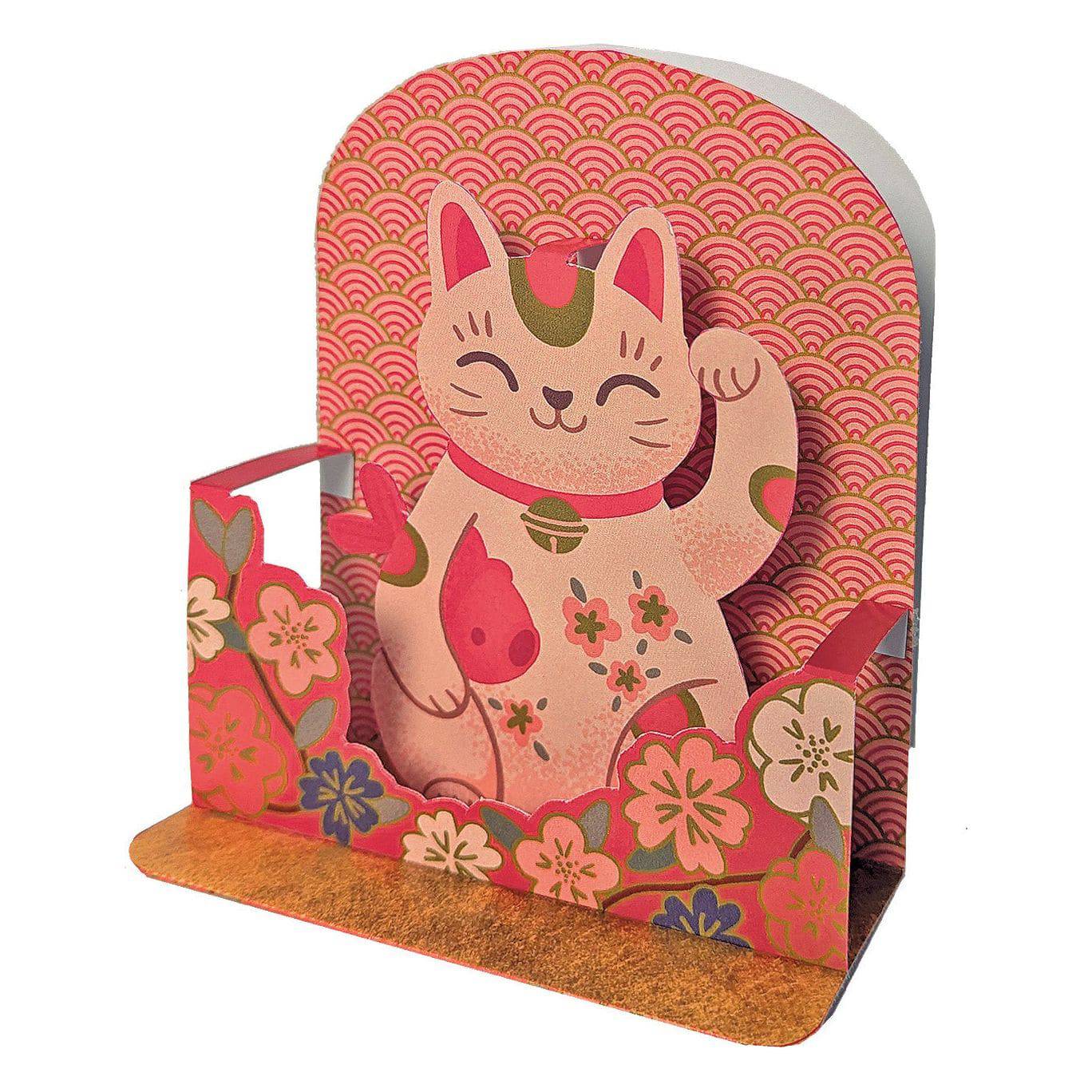 Small Pictura waving cat Maneki-neko pop-up card featuring a cheerful cat with raised paw, perfect for good luck and celebration.