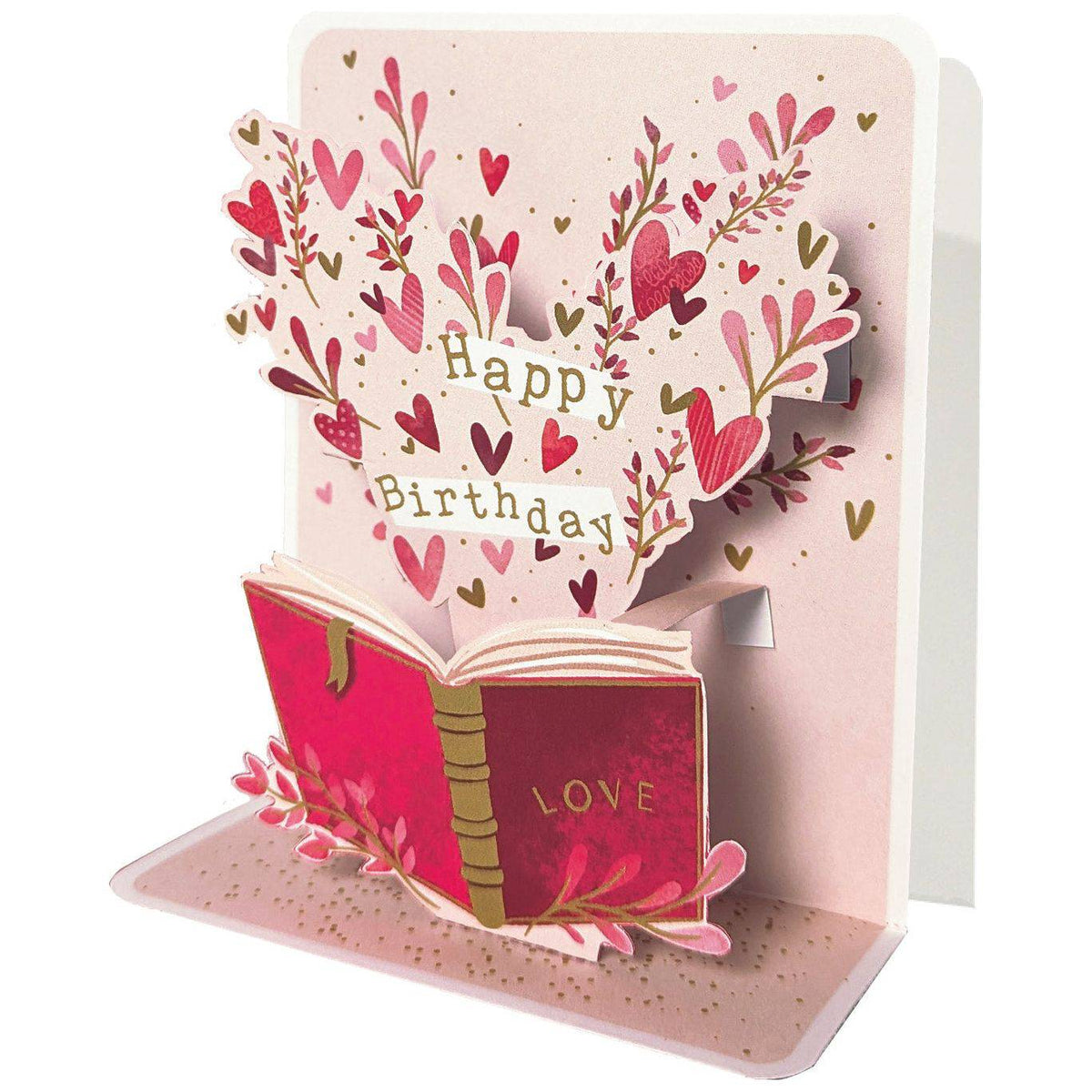 Pictura Book & Hearts small pop-up card featuring a colorful paper book and heart design, perfect for greeting occasions.
