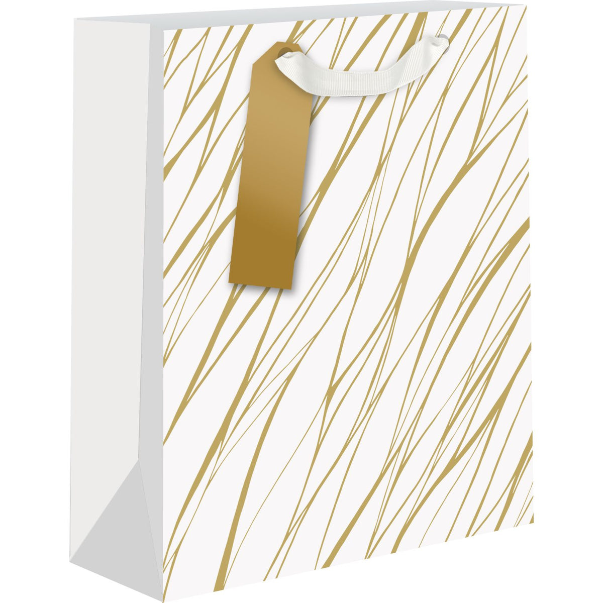Medium AB PICTURA gift bag with gold wave design, featuring sturdy handles and festive decorative pattern on paper.